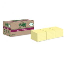 Post-it Super Sticky 100% Recycled Notes  Canary Yellow 76 x 76 mm 70 Sheets Per Pad (Pack 18)  7100284878