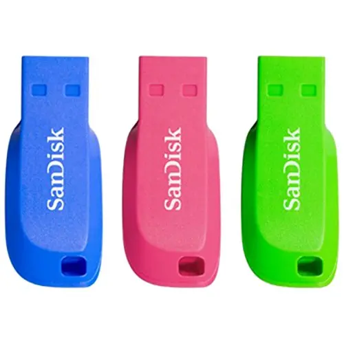 SanDisk 16GB USB 2.0 Cruzer Blade Flash Drives 3 Pack Blue Green and Pink