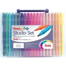 Pentel Arts Studio Fibre Tipped Pens Set 35 + 5 Vivid Highlighter Pens (Pack 35 + 5) - S360PP-35A