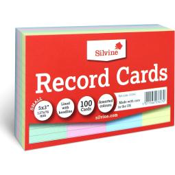 Silvine Record Cards 126x77mm Ruled Assorted Colours 100's 553AC