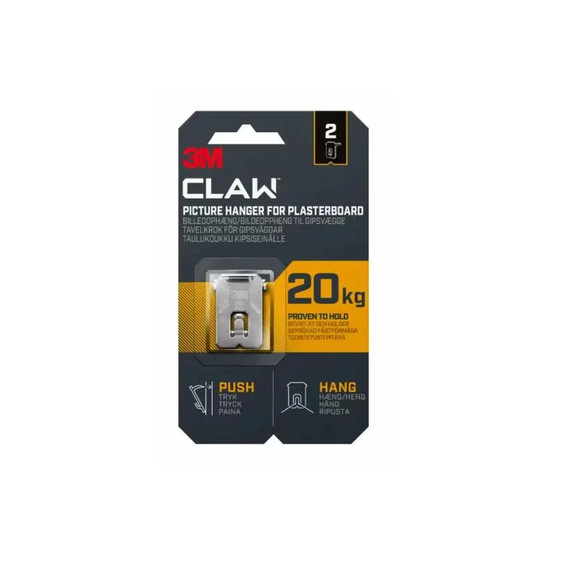 3M CLAW Picture Hanger For Plasterboard Stainless Steel Holds Up To 20Kg (Pack 2) - 7100269193