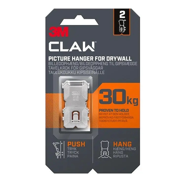 3M CLAW Picture Hanger For Plasterboard Stainless Steel Holds Up To 30Kg (Pack 2) - 7100269195