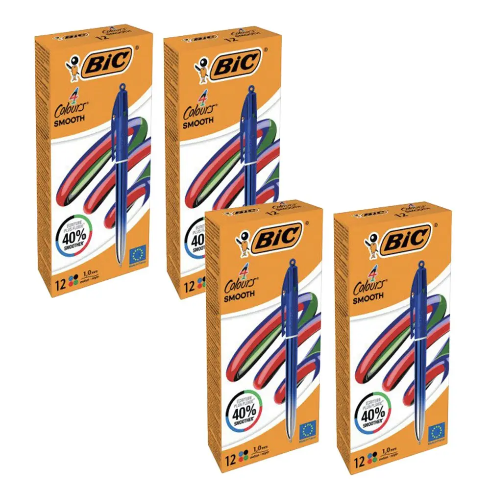Bic 4 Colours Smooth Pro Blue Barrel Ballpoint Pen 1.0mm Tip 0.32mm Line Black/Blue/Green/Red Ink (Pack 12) 4 for the price of 3 - 524091x4