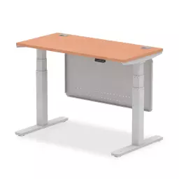 Air Modesty 1200 x 600mm Height Adjustable Office Desk With Cable Ports Beech Finish Silver Frame With Silver Steel Modesty Panel - HA01361