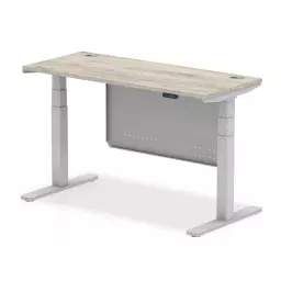 Air Modesty 1400 x 600mm Height Adjustable Office Desk With Cable Ports Grey Oak Finish Silver Frame With Silver Steel Modesty Panel - HA01418