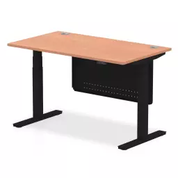 Air Modesty 1400 x 800mm Height Adjustable Office Desk With Cable Ports Beech Finish Black Frame With Black Steel Modesty Panel - HA01446