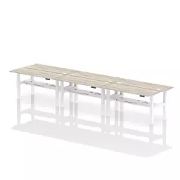 Dynamic Air Back-to-Back W1600 x D600mm Height Adjustable Sit Stand 6 Person Bench Desk With Cable Ports Grey Oak Finish White Frame - HA02260