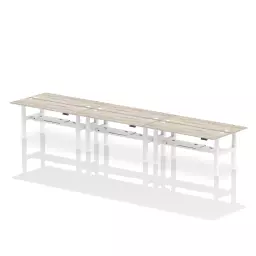 Dynamic Air Back-to-Back W1800 x D600mm Height Adjustable Sit Stand 6 Person Bench Desk With Cable Ports Grey Oak Finish White Frame - HA02584