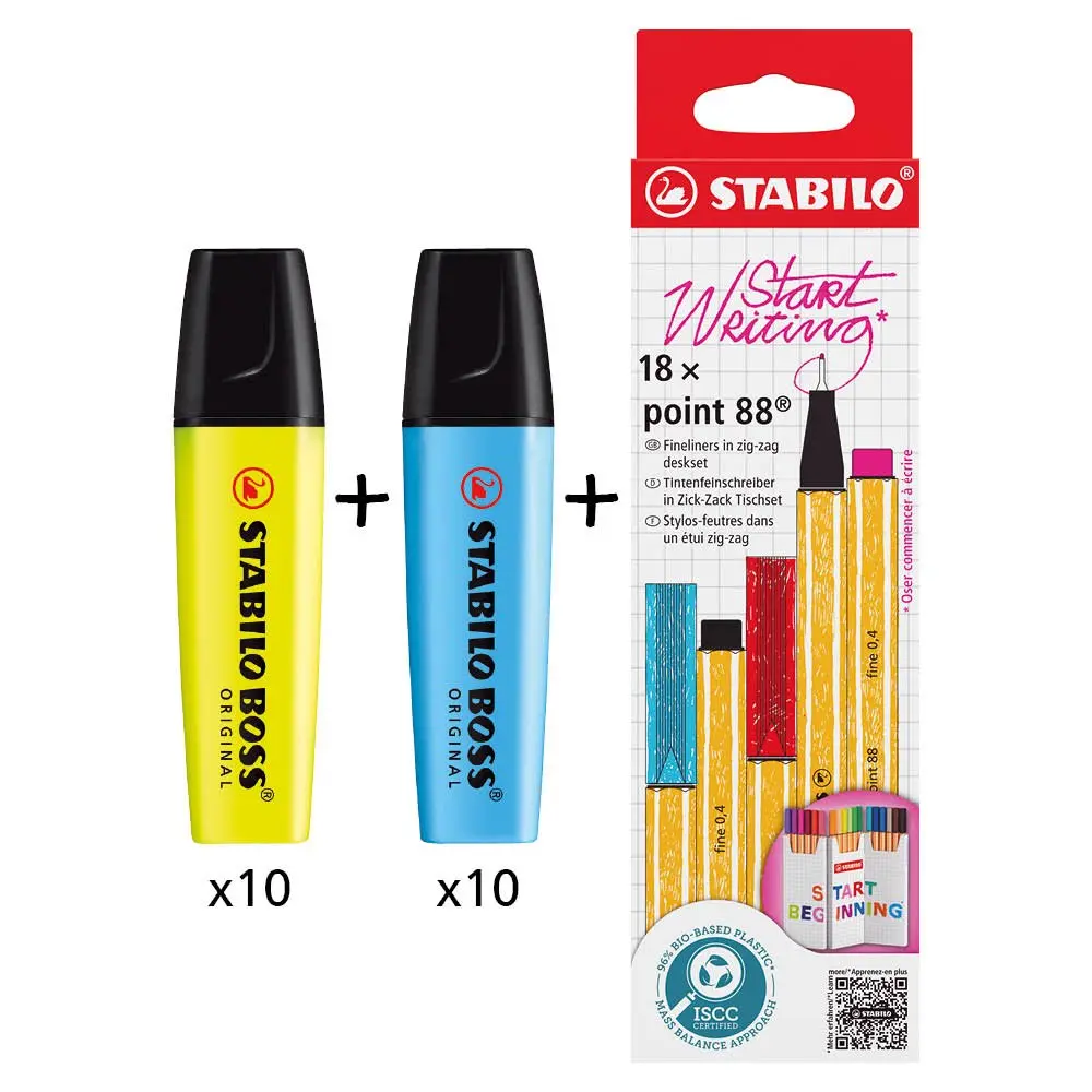 BOSS ORIGINAL Highlighter  Yellow (Pack 10)+ Blue (Pack 10) + POINT 88 Fineliner Zigzag Card Assorted Colours (Pack 18) - 70/24/10+70/31+8818/5