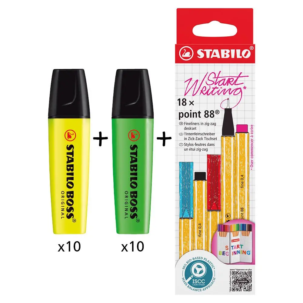 BOSS ORIGINAL Highlighter Yellow (Pack 10)+Green (Pack 10) + POINT 88 Fineliner Zigzag Card Assorted Colours (Pack 18) - 70/24/10+70/33+8818/5