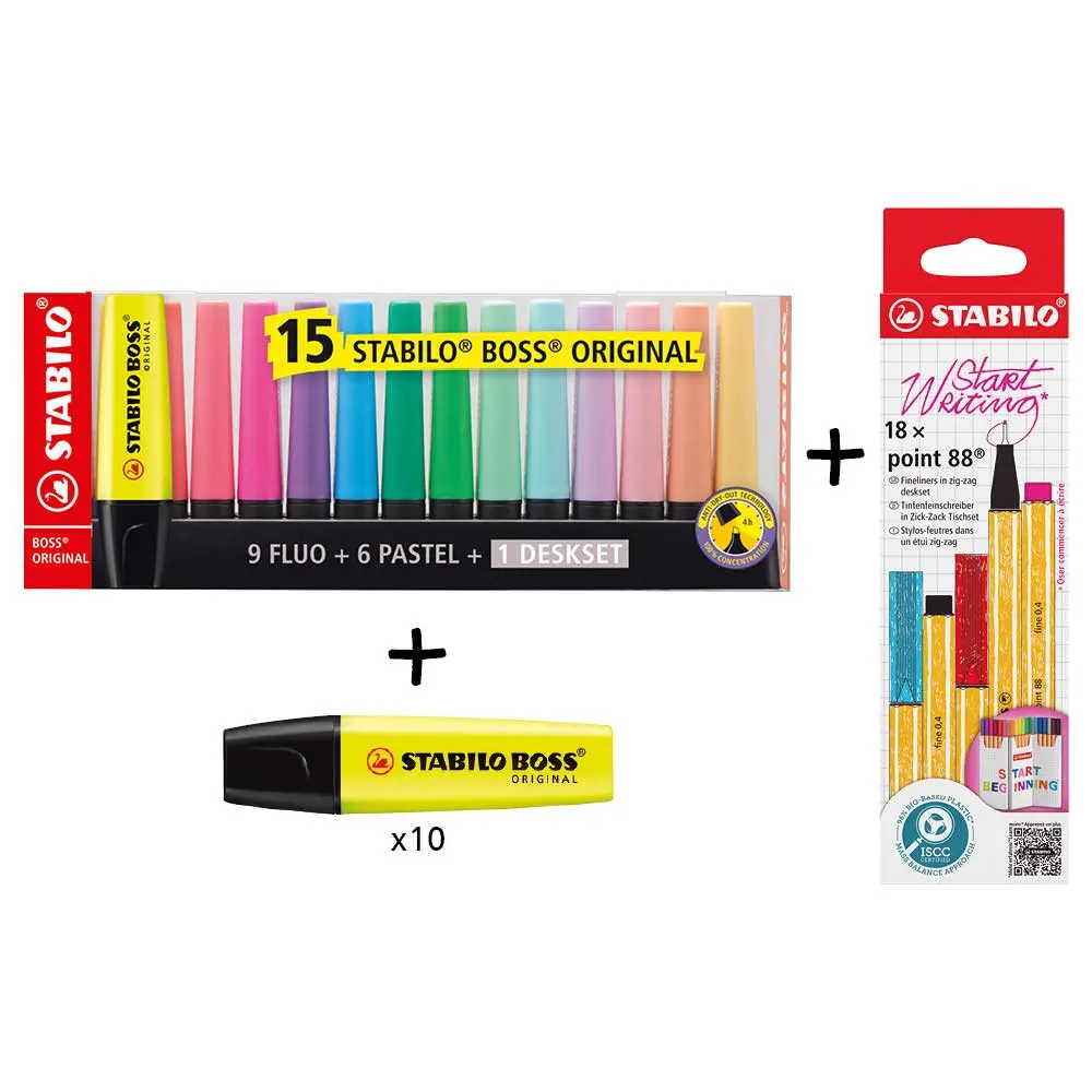 BOSS ORIGINAL Highlighter Yellow (Pack 10)+ Deskset Asst  (Pack 15)+STABILO POINT 88 Fineliner Zigzag Card Asst (Pack 18) - 70/24/10+7015-01-5+8818/5