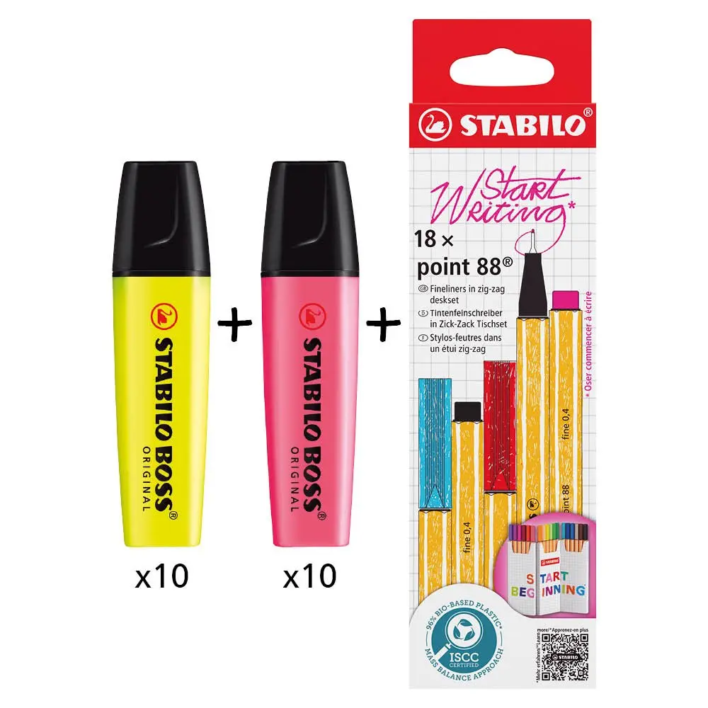 BOSS ORIGINAL Highlighter Yellow (Pack 10)+Pink (Pack 10) + POINT 88 Fineliner Zigzag Card Assorted Colours (Pack 18) -  70/24/10+70/56+8818/5