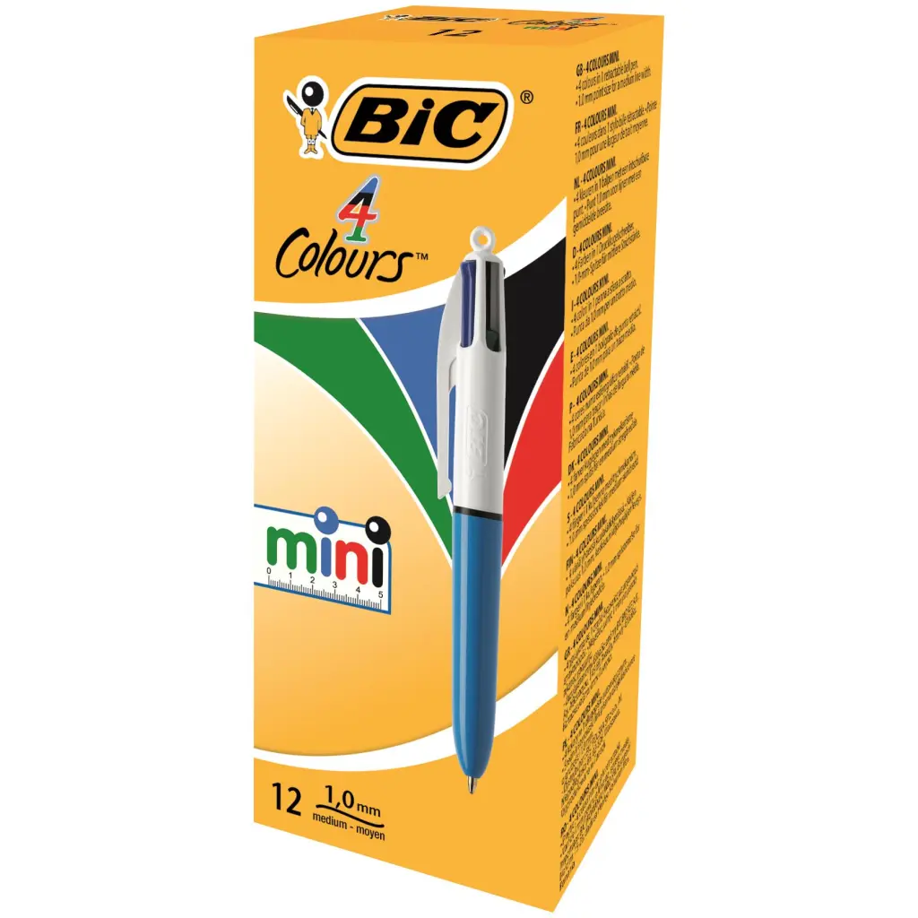 Bic 4 Colours Mini Blue & White Barrel Ballpoint Pen 1.0mm Tip 0.32mm Line Black/Blue/Green/Red Ink (Pack 12) - 895958