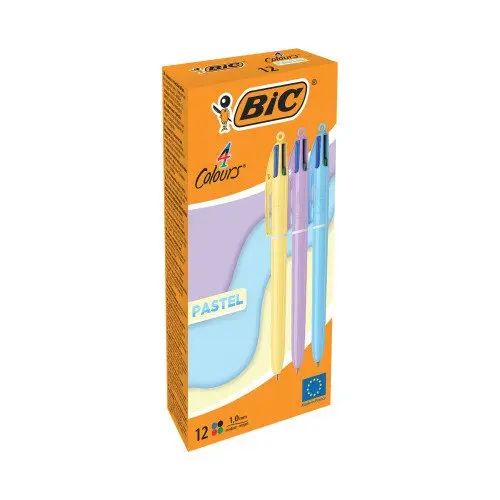 Bic 4 Colours Assorted Pastel Colour Barrel Ballpoint Pen 1.0mm Tip 0.32mm Line Black/Blue/Green/Red Ink (Pack 12) - 517320