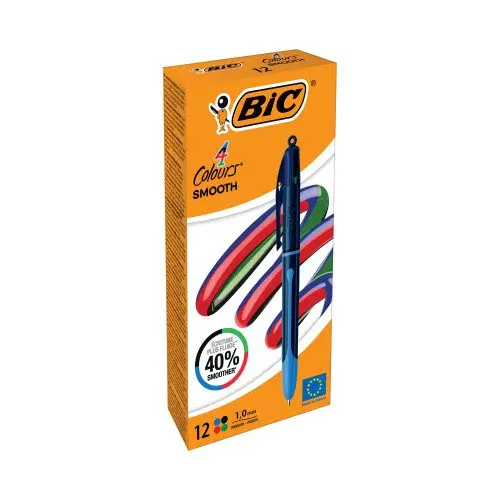 Bic 4 Colours Smooth Pro Black Barrel Ballpoint Pen 1.0mm Tip 0.32mm Line Black/Blue/Green/Red Ink (Pack 12) - 524095