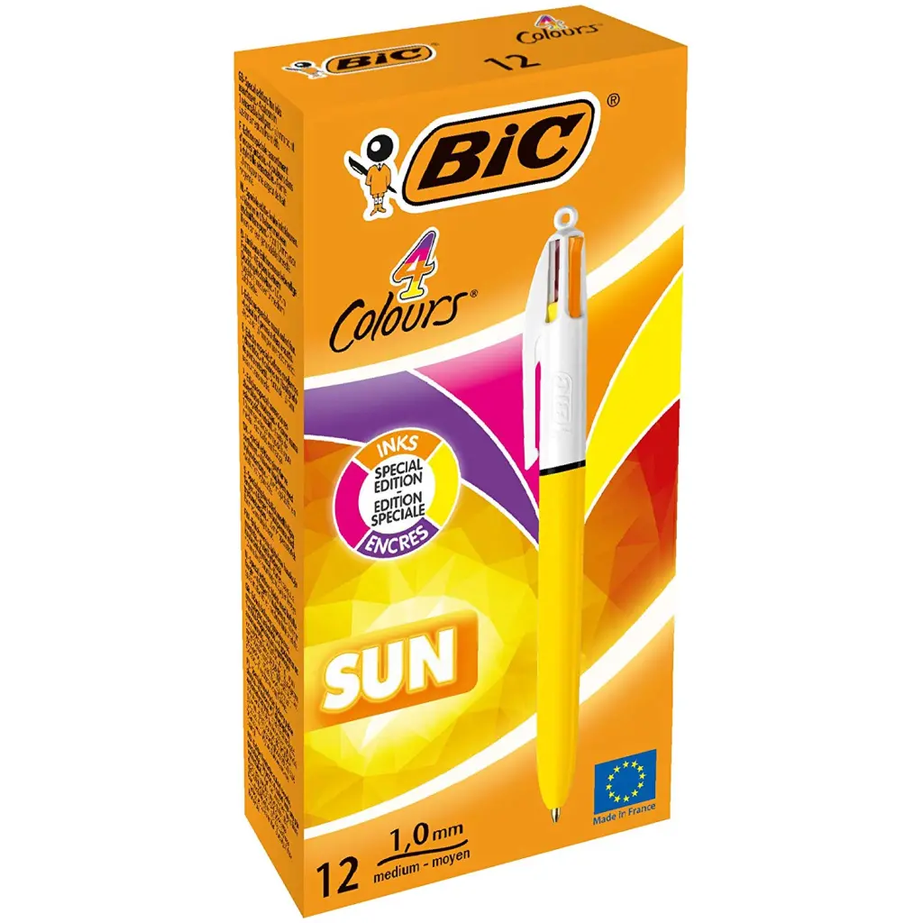 Bic 4 Colours Sun Sunny Yellow Barrel Ballpoint Pen 1.0mm Tip 0.32mm Line Pink/Purple/Orange/Yellow Ink (Pack 12) - 982871