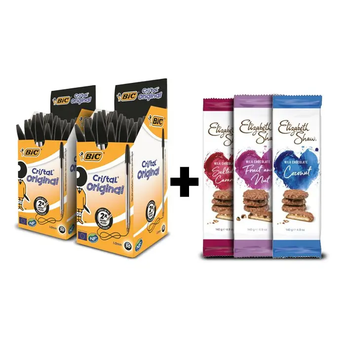 Bic Cristal Ballpoint Pen 1.0mm Tip 0.32mm Line Black (Pack 50) x 2 Plus 3 FREE Packs of Elizabeth Shaw Biscuits 9 Biscuits Per Pack (Pack 140g)