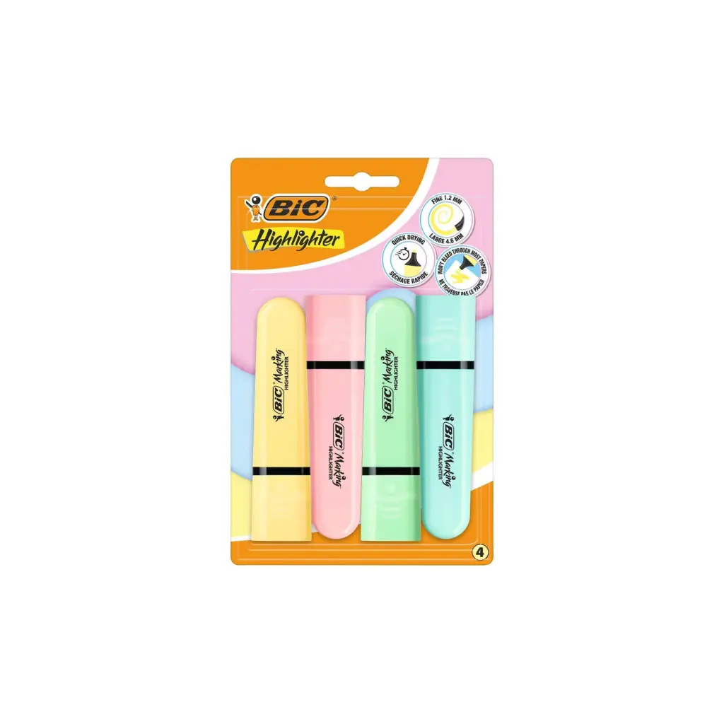 Bic Tank Highlighters Chisel Tip 1.2mm Pastel Yellow Pink Green & Blue Colours (Pack 4) - 517953