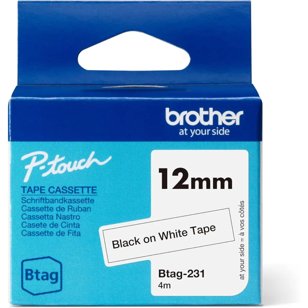 Brother 12mm Black on White Tape -BTAG231