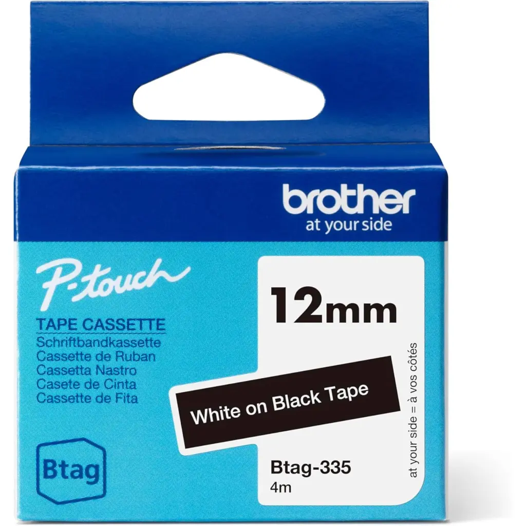 Brother 12mm White on Black Tape- BTAG335