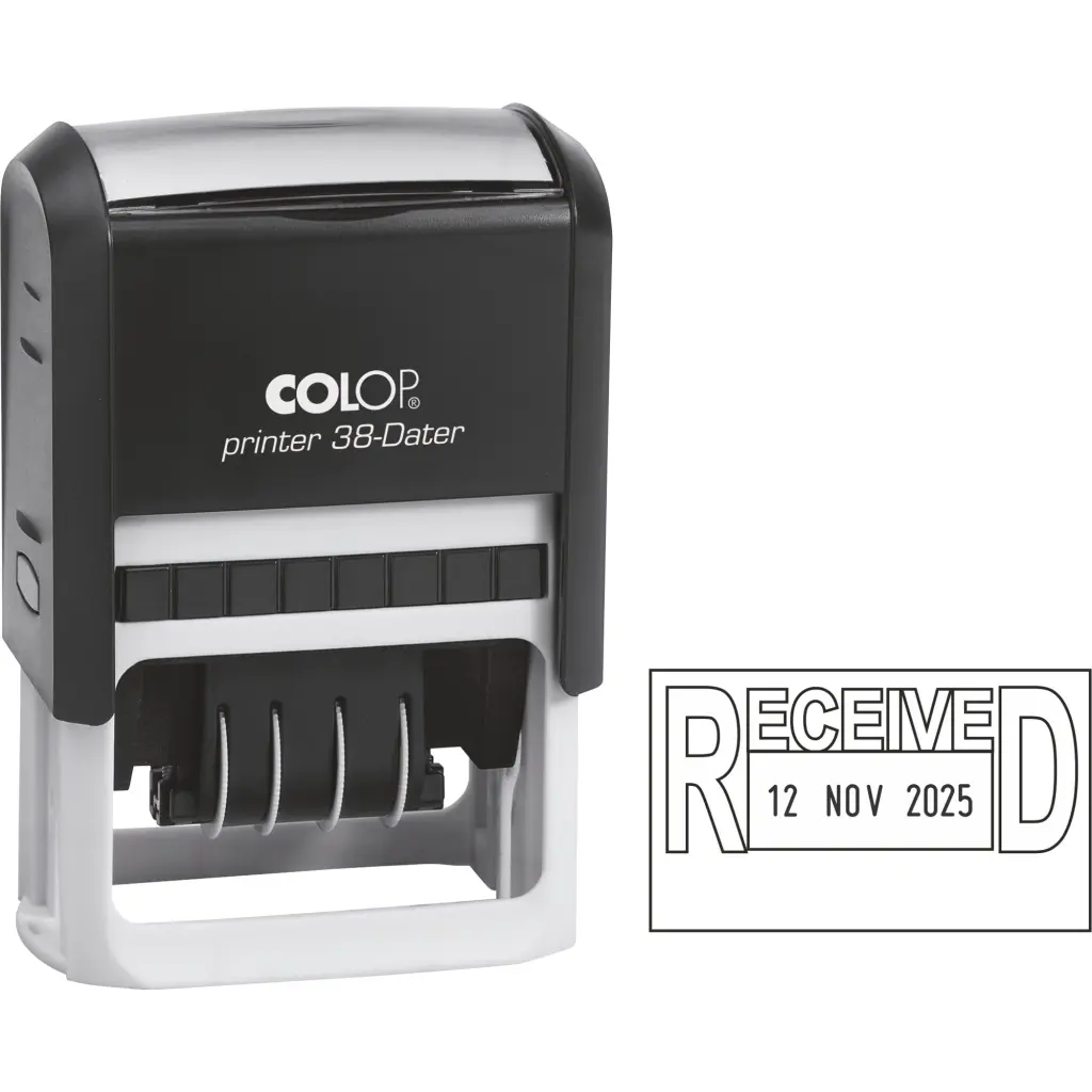 COLOP Printer 38 Self-inking Date and Message Stamp (RECEIVED with 4mm Adjustable Date) Impression Size 33x56mm Black Ink - C133751REC