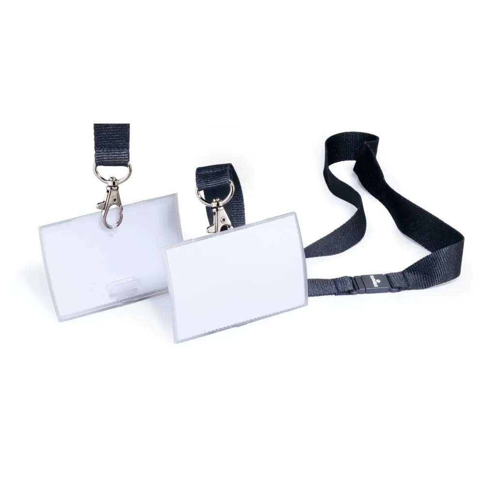 Durable CLICK FOLD Name Tag Badge Holders made from 70% Recycled PP with Lanyard & Inserts 54x90mm Clear (Pack 10) - 821719