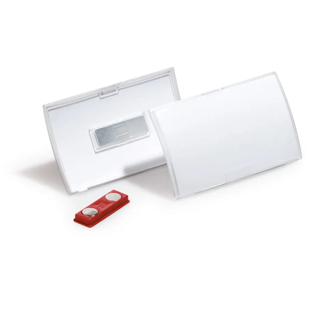 Durable CLICK FOLD Magnet Name Tag Badge Holders made from 70% Recycled PP with Inserts 54x90mm Clear (Pack 10) - 821519