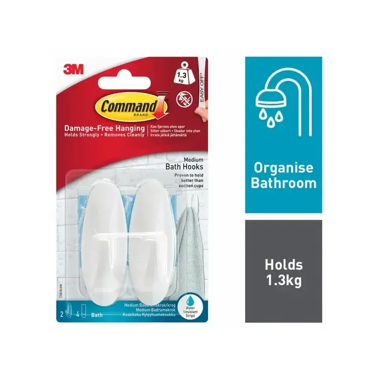 3M Command Medium Bath Oval Hooks With Command Adhesive Strips White (Pack 2) - 7100119054