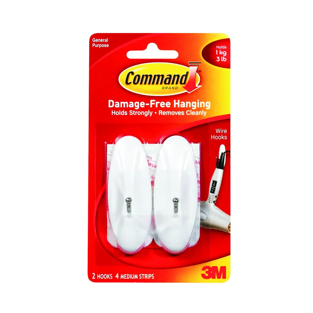 3M Command Medium Wire Hooks With Command Adhesive Strips White (Pack 2) - 7100117613