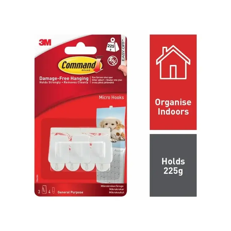 3M Command Mini Micro Hooks With Command Adhesive Strips White (Pack 3) - 7100117609