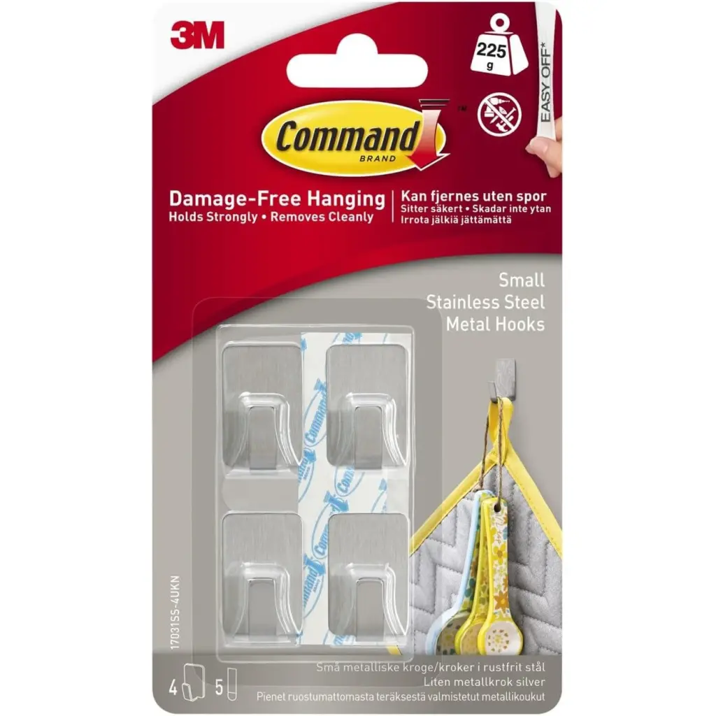 3M Command Small Stainless Steel Metal Hooks With Command Adhesive Strips (Pack 4) - 7100191582