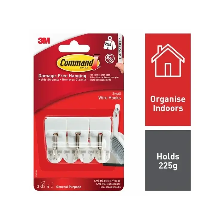 3M Command Small Wire Hooks With Command Adhesive Strips White (Pack 3) - 7100117747