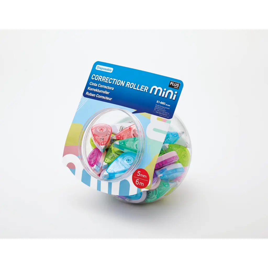 Plus By Pentel Correction Tape Roller Mini Candy Jar 5mm x6m Assorted Pastel Colours (Pack 50) 51660