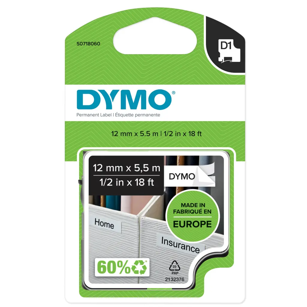 DYMO D1 High-Performance Permanent Polyester Self-Adhesive Labels for Label Manager Printers 12mm x 5.5m Roll - S0718060