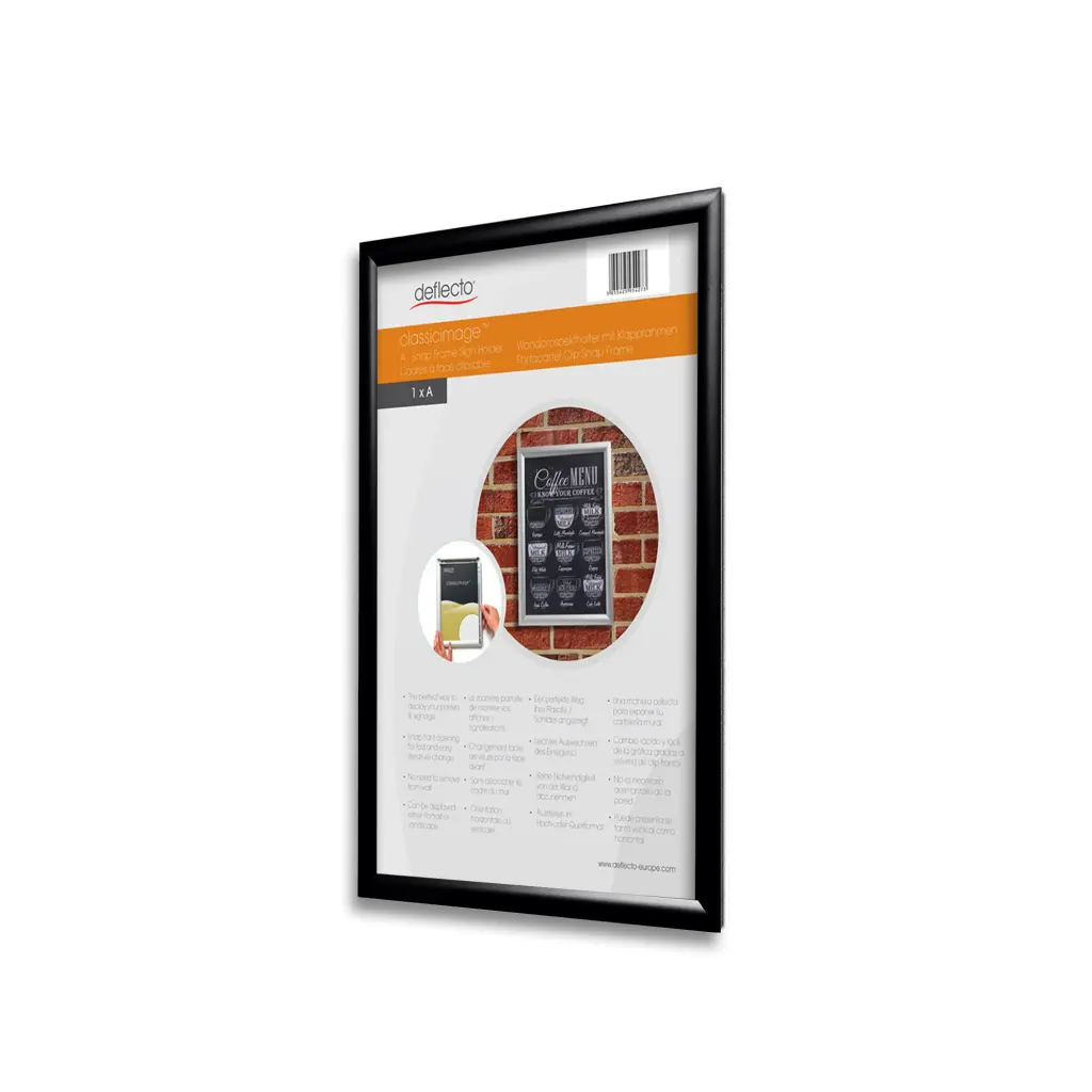 Deflecto A2 Wall Mounted 25mm Aluminium Snap Frame Literature Display Sign Holder Black - SFA2B