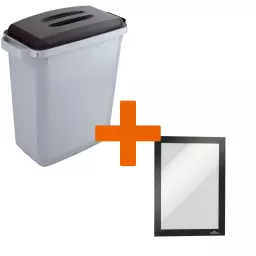 Durable DURABIN Plastic Waste Recycling Bin 60 Litre Grey with Black Lid & Black A5 DURAFRAME Self-Adhesive Sign Holder - VEH2023004
