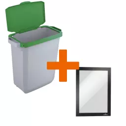 Durable DURABIN Plastic Waste Recycling Bin 60 Litre Grey with Green Hinged Lid & Black A5 DURAFRAME Self-Adhesive Sign Holder - VEH2023006