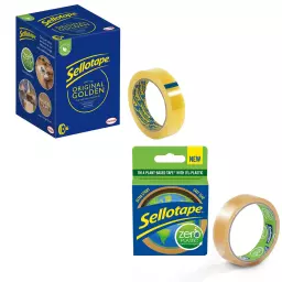 Sellotape Original Easy Tear Extra Sticky Golden Tape 24mm x 66m (Pack 6) PLUS FREE ROLL OF Zero Plastic Tape Clear 24mm x 30m - 2863850 + 2635499