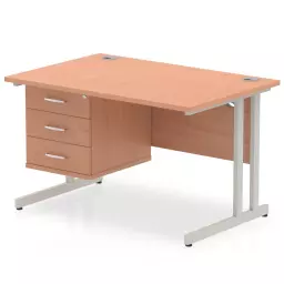 Dynamic Impulse W1200 x D800 x H730mm Straight Office Desk Cantilever Leg With 1 x 3 Drawer Single Fixed Pedestal Beech Finish Silver Frame - MI001696