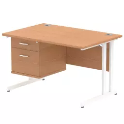 Dynamic Impulse W1200 x D800 x H730mm Straight Office Desk Cantilever Leg With 1 x 2 Drawer Single Fixed Pedestal Oak Finish White Frame - MI002661