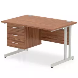 Dynamic Impulse W1200 x D800 x H730mm Straight Office Desk Cantilever Leg With 1x3 Drawer Single Fixed Pedestal Walnut Finish Silver Frame - MI001927