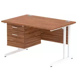 Dynamic Impulse W1200 x D800 x H730mm Straight Office Desk Cantilever Leg With 1 x 2 Drawer Single Fixed Pedestal Walnut Finish White Frame - MI001923