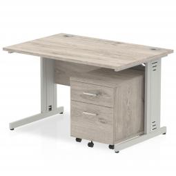 Dynamic Impulse 1200 x 800mm Straight Desk Grey Oak Top Silver Cable Managed Leg with 2 Drawer Mobile Pedestal Bundle I003152