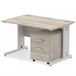 Dynamic Impulse 1200 x 800mm Straight Desk Grey Oak Top Silver Cable Managed Leg with 3 Drawer Mobile Pedestal Bundle I003151