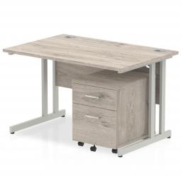 Dynamic Impulse 1200 x 800mm Straight Desk Grey Oak Top Silver Cantilever Leg with 2 Drawer Mobile Pedestal Bundle I003148