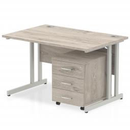 Dynamic Impulse 1200 x 800mm Straight Desk Grey Oak Top Silver Cantilever Leg with 3 Drawer Mobile Pedestal Bundle I003147