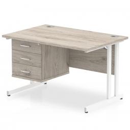 Dynamic Impulse 1200 x 800mm Straight Desk Grey Oak Top White Cable Managed Leg with 1 x 3 Drawer Fixed Pedestal I003442