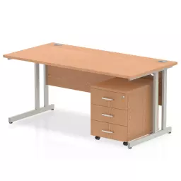 Impulse Cantilever Straight Office Desk W1200 x D800 x H730mm Beech Finish Silver Frame With 3 Drawer Mobile Pedestal - MI000970