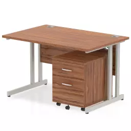 Impulse Cantilever Straight Office Desk W1200 x D800 x H730mm Walnut Finish Silver Frame With 2 Drawer Mobile Pedestal - MI000958