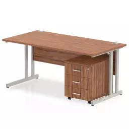 Impulse Cantilever Straight Office Desk W1200 x D800 x H730mm Walnut Finish Silver Frame With 3 Drawer Mobile Pedestal - MI000978